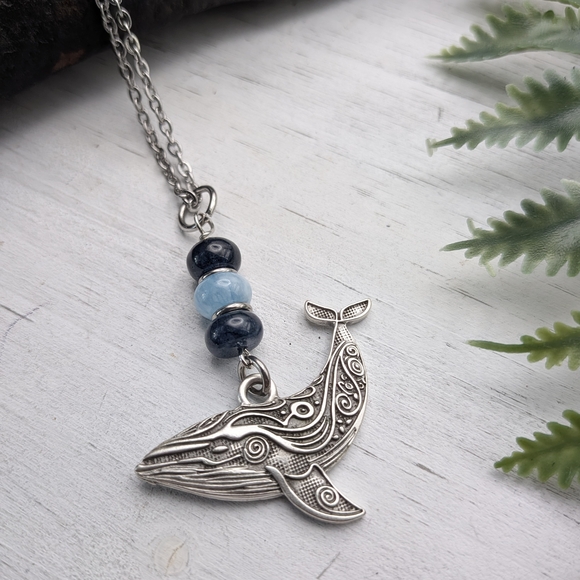 Silver Whale Pendant Necklace with Blue Accents - Picture 2 of 5